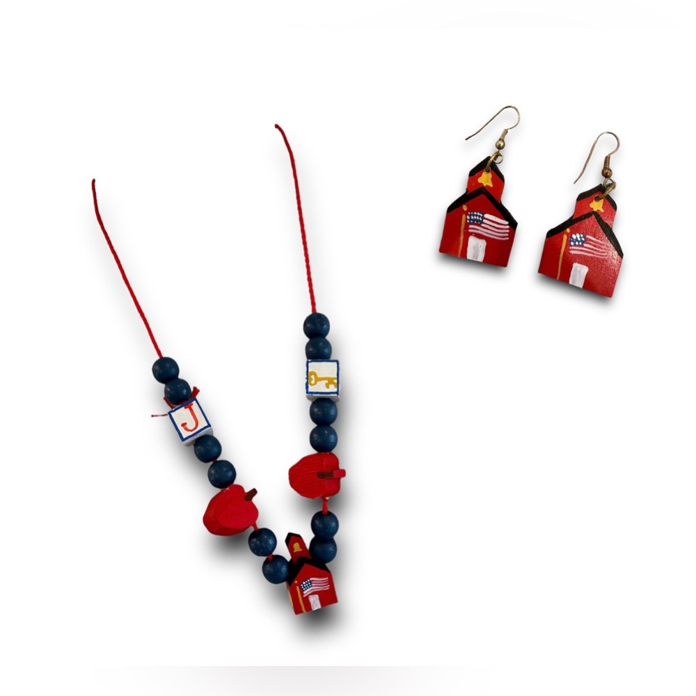 Vintage Handmade Jewelry Set Teacher Schoolhouse Necklace Drop Earrings Novelty - Picture 1 of 8